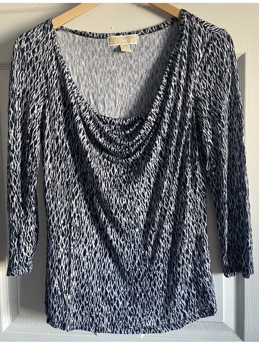 Michael Kors Blouse Top Blue White 3/4 Sleeve Cowl Neck Sz S Lightweight Rayon